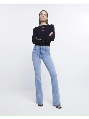 ArVib Kadın Mavi Yüksek Bel Ispanyol Paça Jean Pantolon - Likralı Flare Denim