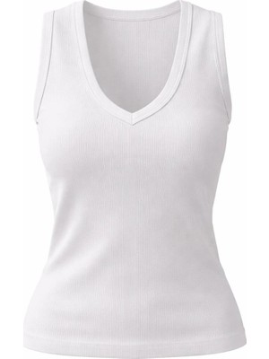 Akabi Online Kadın Beyaz V Yaka Kolsuz Slim Fit Ribana Tişört %100 Pamuk Günlük Basic Atlet