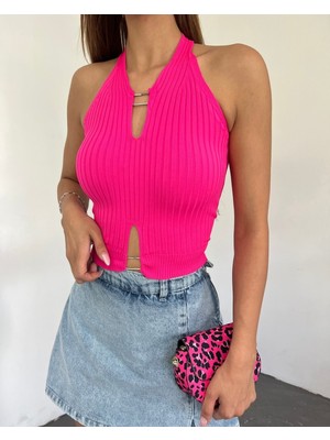 Moda Morfo Metal Detaylı Sıfır Kol Fitilli Triko Crop Atlet -Fuşya