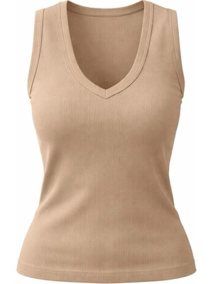 Akabi Online Kadın Taupe V Yaka Kolsuz Slim Fit Ribana Tişört %100 Pamuk Günlük Basic Atlet