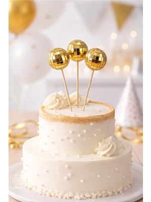 Bkmc Party Gold Gümüş Disko Top Pasta Süsü (3’lü) – Şık Parti Cake Topper Pasta Süsü