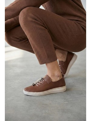 Giamgia Store Kadın Taba Cilt Lastik Bağcıklı Dikişli Esnek Taban Casual Günlük Ayakkabı