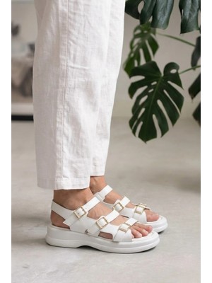 Giamgia Store Kadın Beyaz Kalın Taban 3 Bantlı Tokalı Rahat Günlük Sandalet
