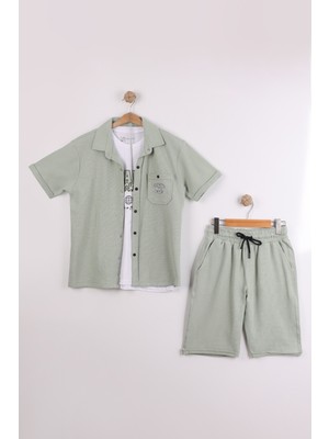 Joy Kids Erkek Çocuk Petek Kumaş Kolyeli Oversize Takım (13-Xs) (Yeşil)