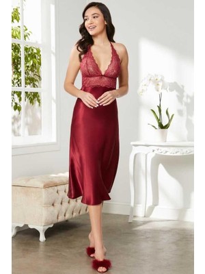 Pierre Cardin Saten Dantelli Gecelik 905 Bordo