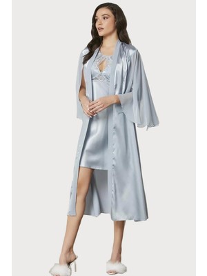 Pierre Cardin Saten Dantelli Gecelik ve Sabahlık Takımı 4375 Mist