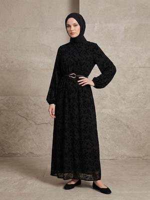 Miostil Flok Baskılı Tül Elbise-Siyah