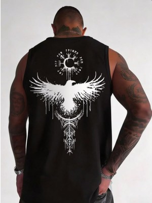 Punix Punıx Büyük Beden Özel Tasarım Vıkıng Grafıc Sırt Baskılı Kolsuz Yazlık Erkek Battal  T-Shırt