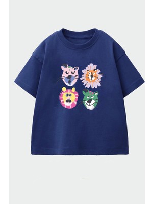 Monila Unisex Çocuk Pamuklu Bisiklet Yaka Baskılı T-Shirt