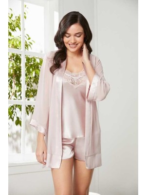 Pierre Cardin Pudra 3'lü Saten Dantelli Şort ve Şifon Dantelli Sabahlık Takımı 2475