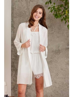 Pierre Cardin Dantelli Kadife Tulum Sabahlık Takım 4800 Ekru