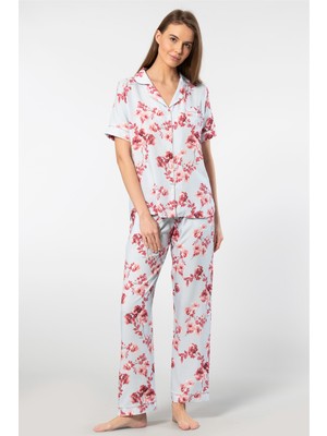 Türen Kadin Desenli Kisa Kol Dokuma Pijama Takimi 3604/MAVI