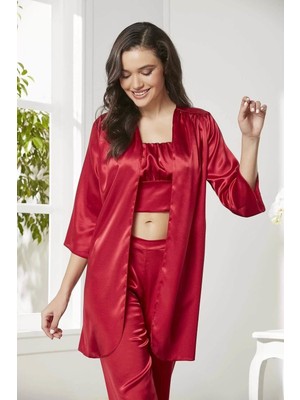 Pierre Cardin Kadife Saten 3'lü Pijama Takım 2075 Kırmızı
