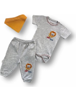 3-6 6-9 9-12 Ay Yru Aslan Nakışlı Bandajlı Kısa Kollu Zıbınlı 3lü Erkek Bebek Takımı Gri