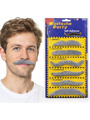 6’lı Yapışkanlı Gri Parti Bıyık Seti – Farklı Modeller