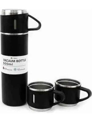 Mrt Teknik Termos Paslanmaz Çelik Termos Siyah Renk 3 Bardaklı Termos Seti