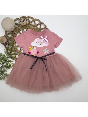 1-2-3 Yaş Tül Tokalı Bulut Civciv Yıldız Nakışlı Kız Bebek Elbisesi Gül Kurusu