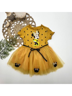 2-3-4 Yaş Puantiyeli Mickey Baskılı Kurdela Kuşaklı Astarlı Kız Bebek Tütü Elbisesi Hardal