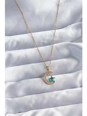 Mrt Teknik 316L Çelik Gold Renk Zincir Zirkon Taş Detay Hilal Yıldızı Figür Kadın Kolye