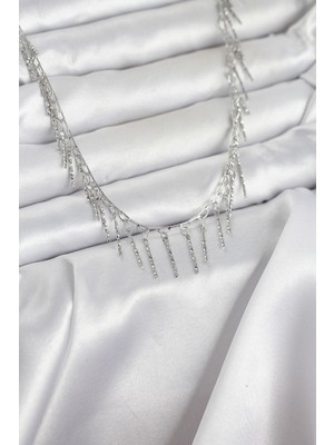 Mrt Teknik Pirinç Gümüş Renk Saçaklı Model Kadın Kolye