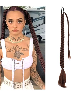 Üçlü Örgülü Tokalı Bağlamalı At Kuyruğu / Çikolata Kahve