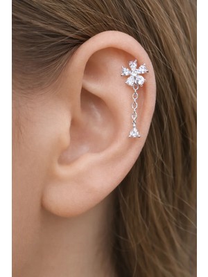Sacce Scarves & Accessories Zincir Sallantılı Çiçek Piercing Helix Kıkırdak Lob Gümüş Renk