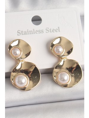 Mrt Teknik Pirinç Gold Renk Sallantı Inci Detaylı Daire Plaka Model Kadın Küpe