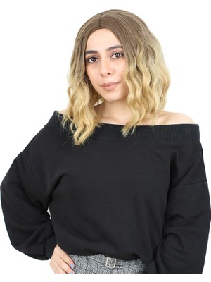 Fiber Sen Kısa Daalı Perçemsiz Peruk / Kumral / Sarı Ombreli