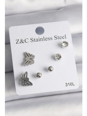 Mrt Teknik 316L Çelik Gümüş Renk Zirkon Taşlı Kelebek Model Kadın Küpe Seti