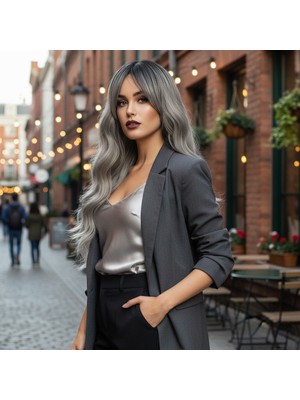 Daalı Perçemli Fiber Sen Orta Boy Peruk / Siyah Gri Ombreli