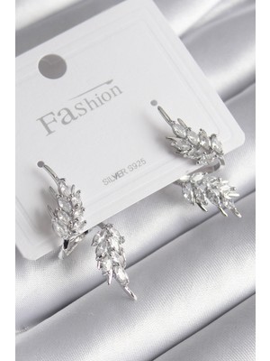 Mrt Teknik Pirinç Gümüş Renk Zirkon Taşlı Yaprak Model Kadın Küpe