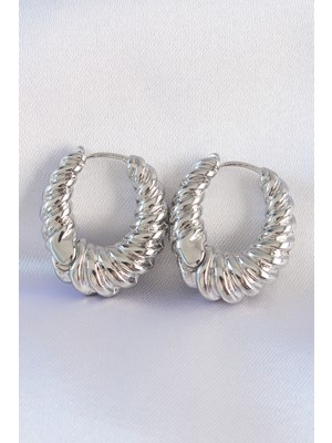 Mrt Teknik Pirinç Gümüş Renk Tırtık Detay Bombeli Halka Küpe