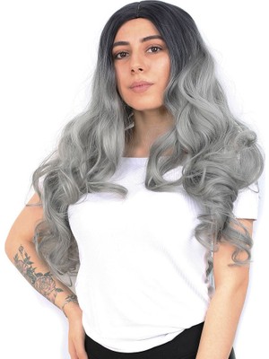 Yoğun Daalı Fiber Sen Uzun Perçemsiz Peruk / Siyah / Gri Ombreli