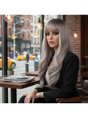 Doğal Daalı Perçemli Fiber Sen Uzun Boy Peruk / Koyu Kumral / Rus Kumralı Ombre Röfleli