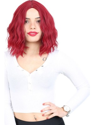 Fiber Sen Kısa Daalı Perçemsiz Peruk / Kızıl