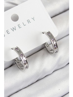 Mrt Teknik Pirinç Zirkon Taşlı Halka Model Gümüş Renk Kadın Küpe