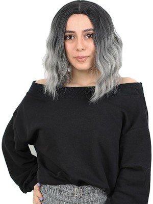 Fiber Sen Kısa Daalı Perçemsiz Peruk / Siyah / Gri Ombreli
