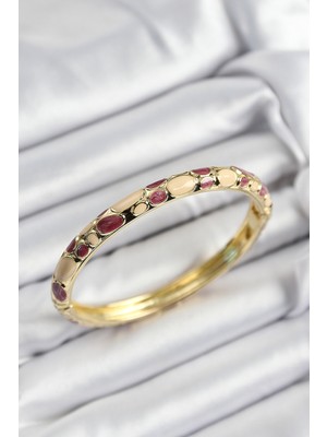 Mrt Teknik Mineli Pirinç Fuşya ve Krem Petek Motifli Gold Renk Kadın Kelepçe