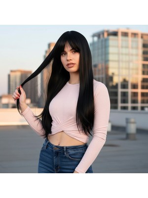 Fiber Sen Uzun Düz Kahküllü Peruk / Siyah