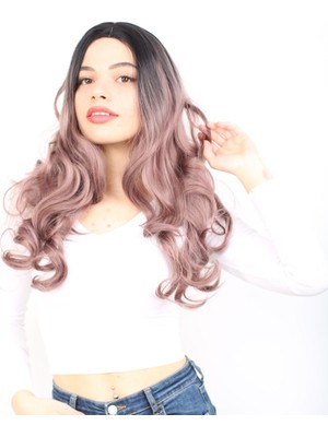 Yoğun Daalı Fiber Sen Uzun Perçemsiz Peruk / Siyah / Gül Kurusu Ombreli