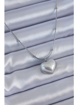 Mrt Teknik 316L Çelik Gümüş Renk Incili Kalp Model Minimal Top Detay Kadın Kolye