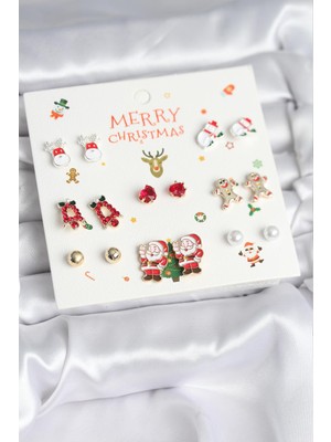 Mrt Teknik Yılbaşı Temalı Karışık Model 8 Çift Yılbaşı Temalı Kadın Küpe Seti