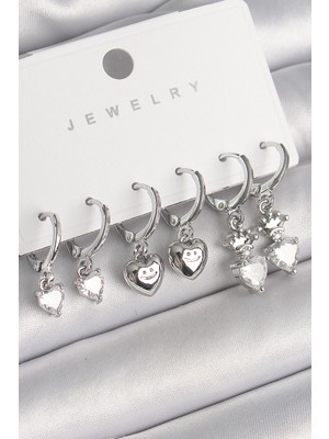 Mrt Teknik Pirinç Gümüş Renk Sallantı Zirkon Taşlı Kalp Model Taç Detay Kadın Küpe Seti