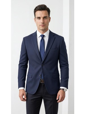 Plus Scorpion Slim Fit Mikro Desenli Erkek Ceket Yazlık Pike Kumaş Çift Yırtmaç Blazer