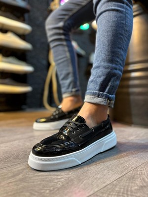 Yüksek Taban Günlük Ayakkabı Siyah Rugan (Beyaz Taban)