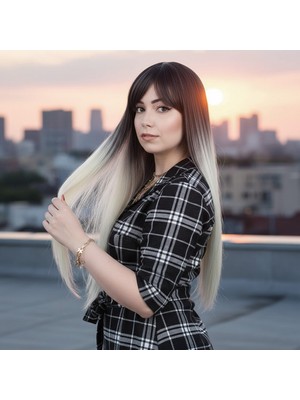 Fiber Sen Uzun Düz Kahküllü Peruk / Küllü Siyah / Platin Ombreli