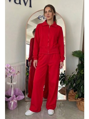 Evavi Kadın Kırmızı Fermuarlı Sweatshirt Ceket ve Eşofman Altı Takımı