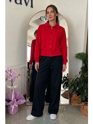 Evavi Kadın Kırmızı Fermuarlı Sweatshirt Ceket ve Siyah Eşofman Altı Takımı