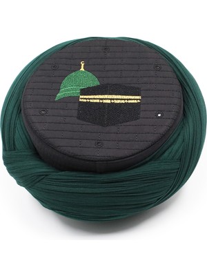 Sarıkhane Hac Umre Sarığı – Yeşil Kumaş – Siyah Takke – Çapraz Sarım – Mekke-Medine – 7 Metre