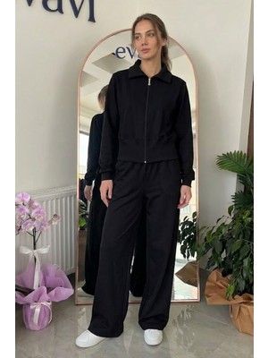 Evavi Kadın Fermuarlı Sweatshirt Ceket ve Ribana Paça Eşofman Takımı